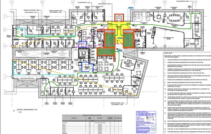 Plintora FLS drawing of an office floor showing exit routes, travel distances and fire-rated stair cores